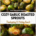 Golden garlic roasted Brussels sprouts on a baking sheet, a cozy veggie side dish for winter gatherings.
